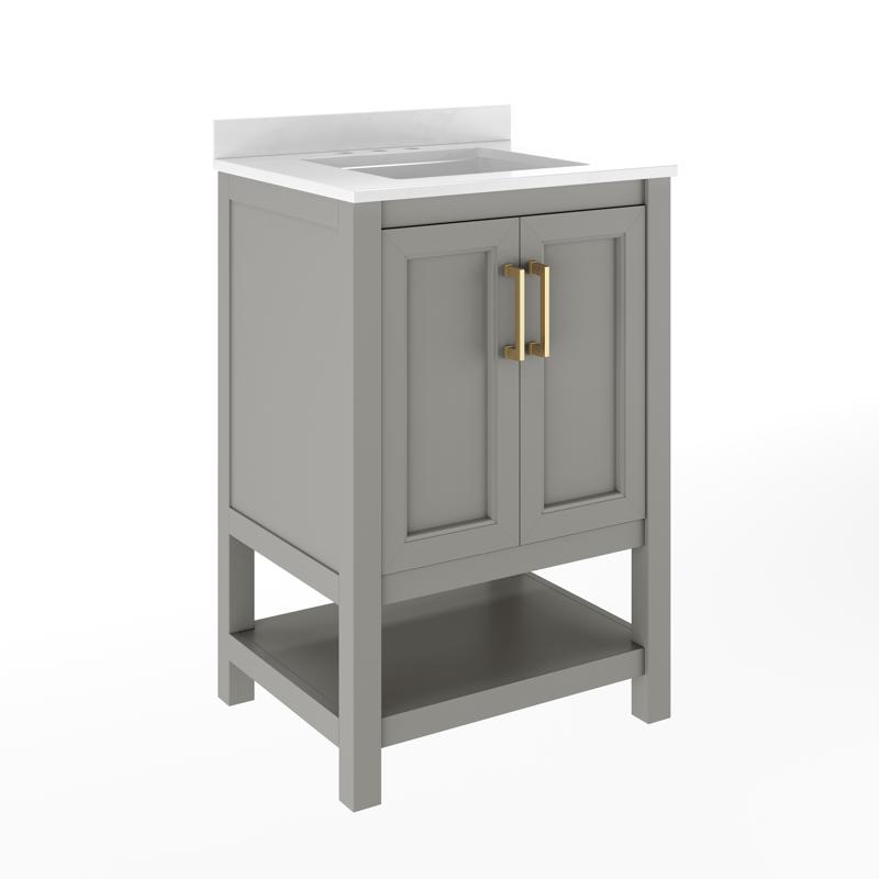 Flash Furniture Vega 24" Bathroom Vanity With Sink Storage Cabinet With Soft Close Doors & Open Shelf Carrara Marble Finish Counter & Gold Hardware Gray/White