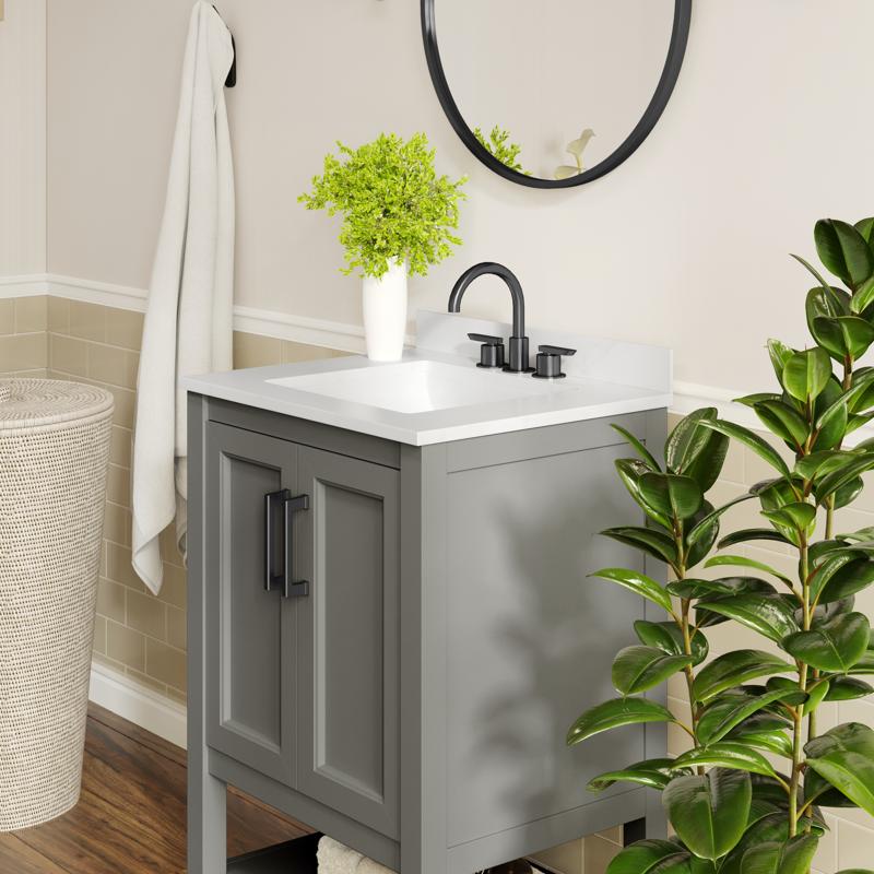Flash Furniture Vega 24" Bathroom Vanity With Sink Storage Cabinet With Soft Close Doors & Open Shelf Carrara Marble Finish Counter & Black Hardware Gray/White