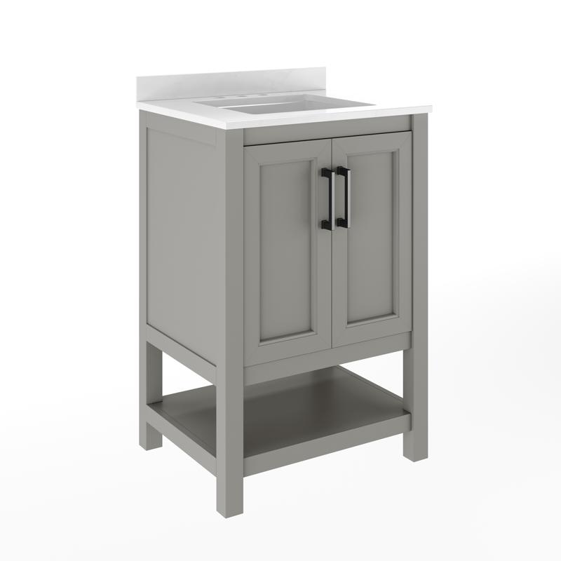 Flash Furniture Vega 24" Bathroom Vanity With Sink Storage Cabinet With Soft Close Doors & Open Shelf Carrara Marble Finish Counter & Black Hardware Gray/White