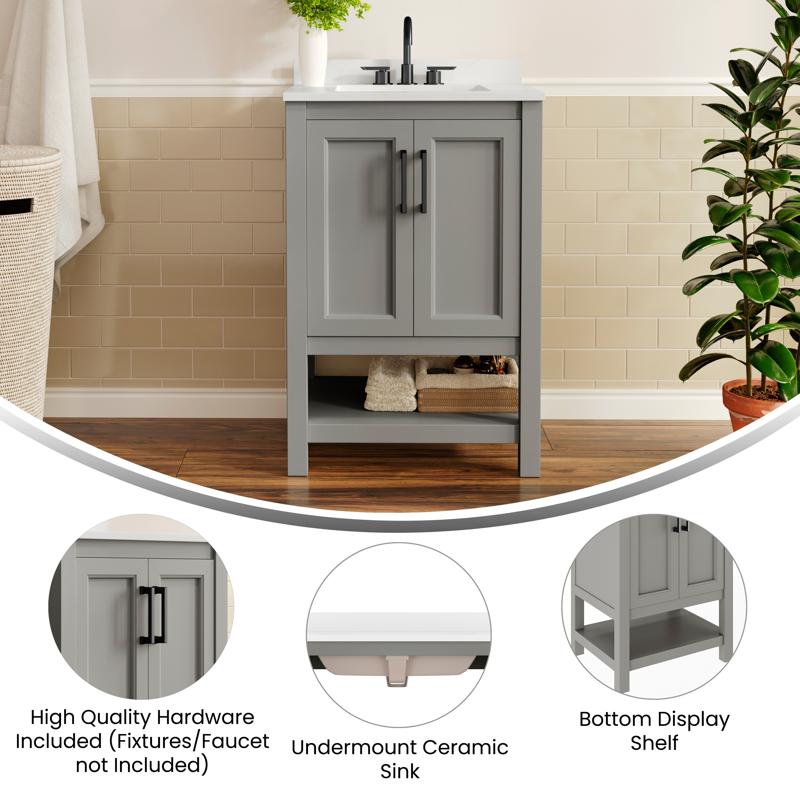 Flash Furniture Vega 24" Bathroom Vanity With Sink Storage Cabinet With Soft Close Doors & Open Shelf Carrara Marble Finish Counter & Black Hardware Gray/White