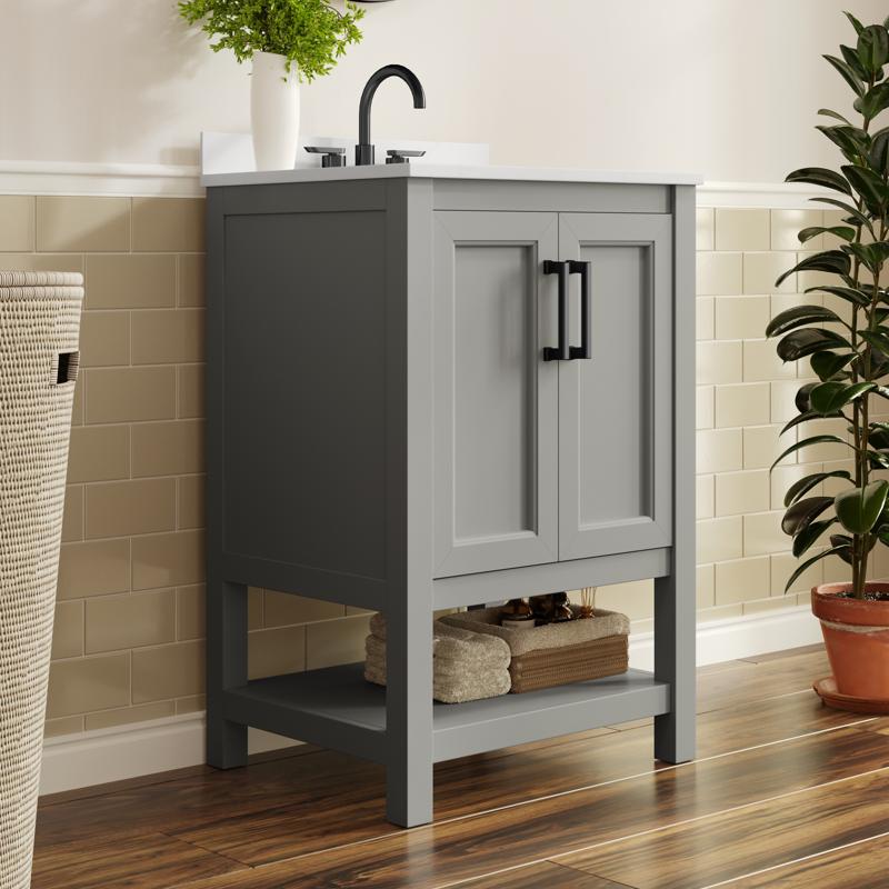 flash furniture Vega 24" Bathroom Vanity with Sink Storage Cabinet with Soft Close Doors & Open Shelf Carrara Marble Finish Counter & Black Hardware Gray/White