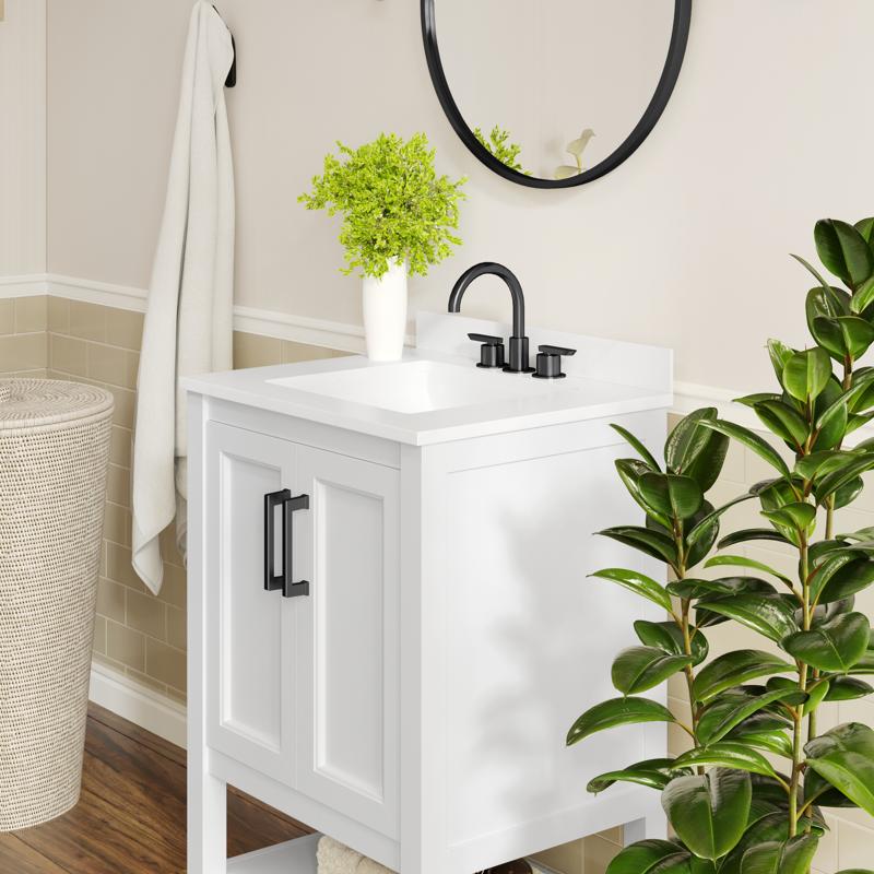 Flash Furniture Vega 24" Bathroom Vanity With Sink Storage Cabinet With Soft Close Doors & Open Shelf Carrara Marble Finish Counter & Black Hardware White/White