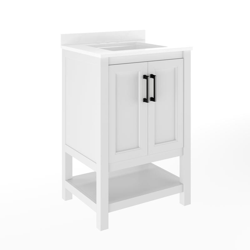 Flash Furniture Vega 24" Bathroom Vanity With Sink Storage Cabinet With Soft Close Doors & Open Shelf Carrara Marble Finish Counter & Black Hardware White/White