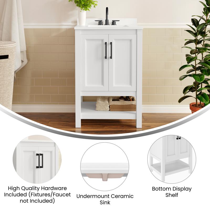 Flash Furniture Vega 24" Bathroom Vanity With Sink Storage Cabinet With Soft Close Doors & Open Shelf Carrara Marble Finish Counter & Black Hardware White/White