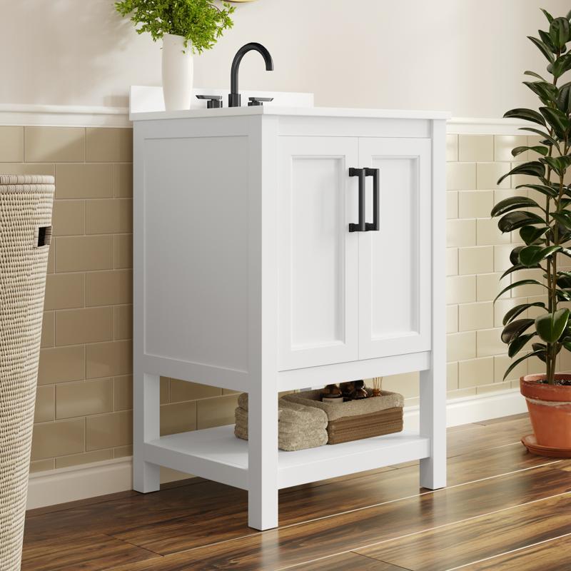 flash furniture Vega 24" Bathroom Vanity with Sink Storage Cabinet with Soft Close Doors & Open Shelf Carrara Marble Finish Counter & Black Hardware White/White