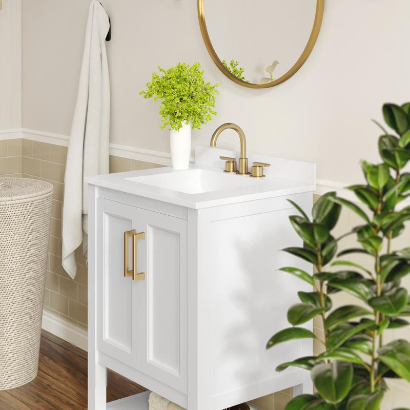 Flash Furniture Vega 24" Bathroom Vanity With Sink Storage Cabinet With Soft Close Doors & Open Shelf Carrara Marble Finish Counter & Gold Hardware White/White