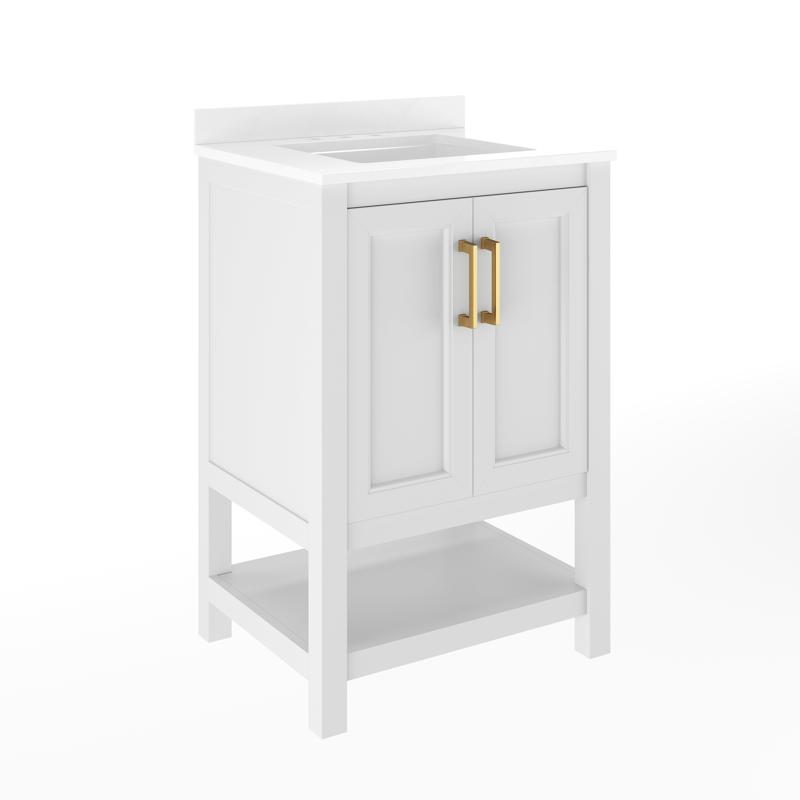 Flash Furniture Vega 24" Bathroom Vanity With Sink Storage Cabinet With Soft Close Doors & Open Shelf Carrara Marble Finish Counter & Gold Hardware White/White
