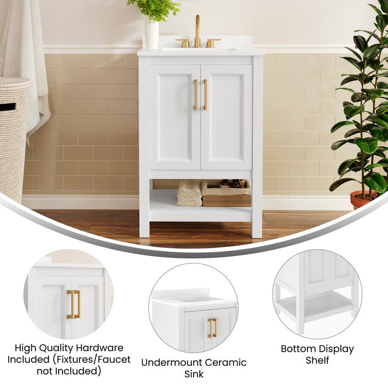 Flash Furniture Vega 24" Bathroom Vanity With Sink Storage Cabinet With Soft Close Doors & Open Shelf Carrara Marble Finish Counter & Gold Hardware White/White