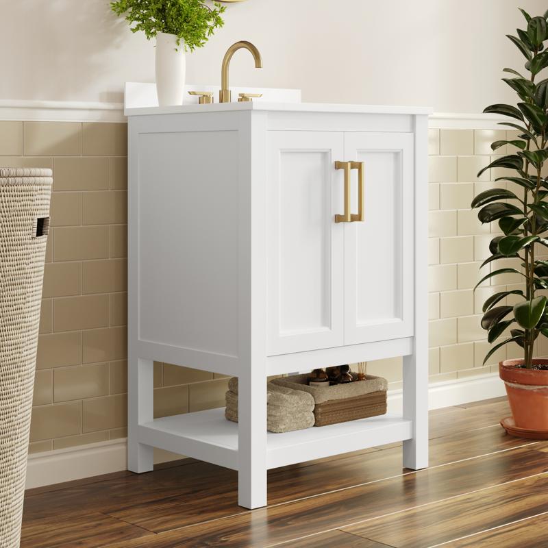 flash furniture Vega 24" Bathroom Vanity with Sink Storage Cabinet with Soft Close Doors & Open Shelf Carrara Marble Finish Counter & Gold Hardware White/White