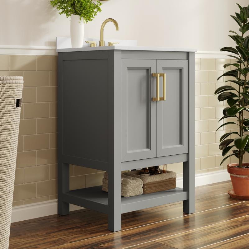 flash furniture Vega 24" Bathroom Vanity with Sink Storage Cabinet with Soft Close Doors & Open Shelf Carrara Marble Finish Counter & Gold Hardware Gray/White