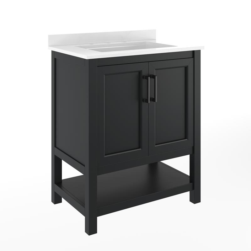Flash Furniture Vega 30" Bathroom Vanity With Sink Storage Cabinet With Soft Close Doors & Open Shelf Carrara Marble Finish Counter & Black Hardware Black/White