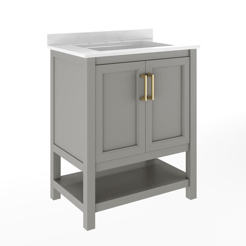 Flash Furniture Vega 30" Bathroom Vanity With Sink Storage Cabinet With Soft Close Doors & Open Shelf Carrara Marble Finish Counter & Gold Hardware Gray/White