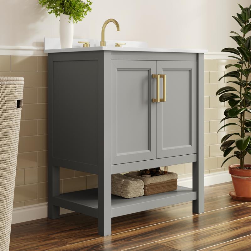 flash furniture Vega 30" Bathroom Vanity with Sink Storage Cabinet with Soft Close Doors & Open Shelf Carrara Marble Finish Counter & Gold Hardware Gray/White