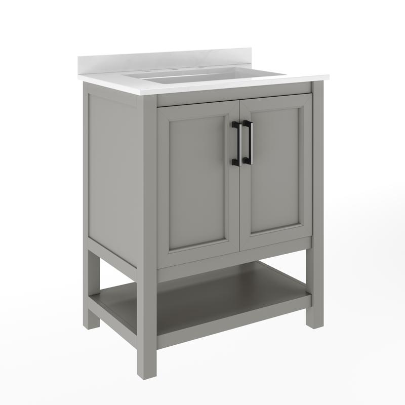 Flash Furniture Vega 30" Bathroom Vanity With Sink Storage Cabinet With Soft Close Doors & Open Shelf Carrara Marble Finish Counter & Black Hardware Gray/White