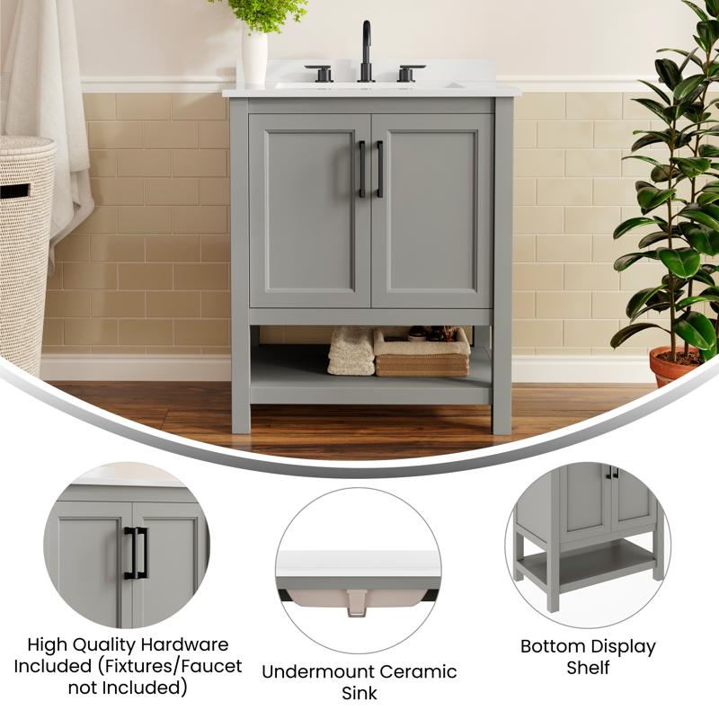 Flash Furniture Vega 30" Bathroom Vanity With Sink Storage Cabinet With Soft Close Doors & Open Shelf Carrara Marble Finish Counter & Black Hardware Gray/White
