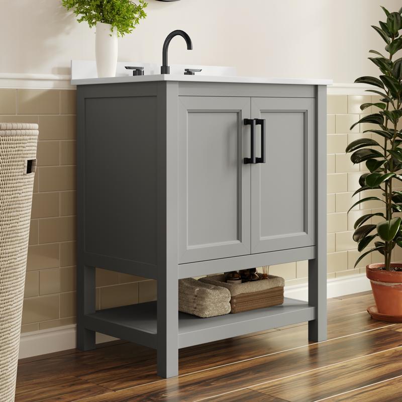 flash furniture Vega 30" Bathroom Vanity with Sink Storage Cabinet with Soft Close Doors & Open Shelf Carrara Marble Finish Counter & Black Hardware Gray/White