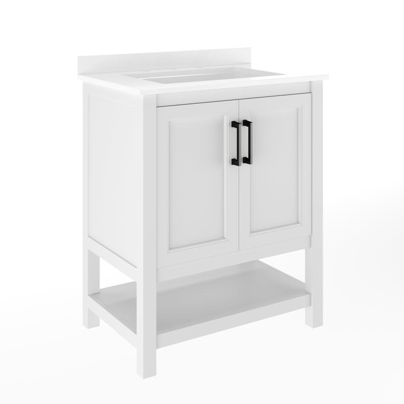 Flash Furniture Vega 30" Bathroom Vanity With Sink Storage Cabinet With Soft Close Doors & Open Shelf Carrara Marble Finish Counter & Black Hardware White/White