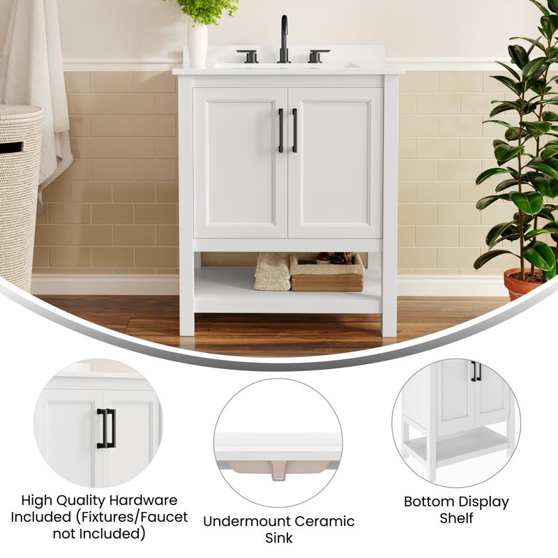 Flash Furniture Vega 30" Bathroom Vanity With Sink Storage Cabinet With Soft Close Doors & Open Shelf Carrara Marble Finish Counter & Black Hardware White/White