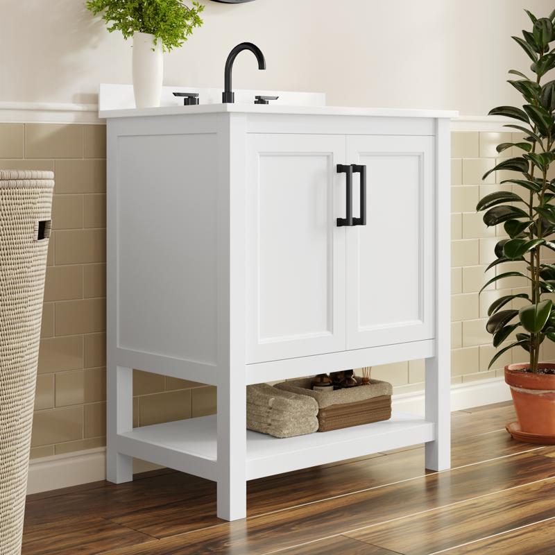 flash furniture Vega 30" Bathroom Vanity with Sink Storage Cabinet with Soft Close Doors & Open Shelf Carrara Marble Finish Counter & Black Hardware White/White