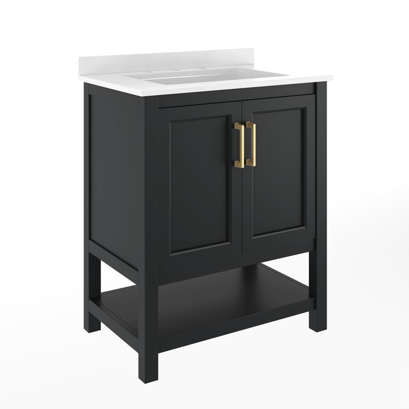 Flash Furniture Vega 30" Bathroom Vanity With Sink Storage Cabinet With Soft Close Doors & Open Shelf Carrara Marble Finish Counter & Gold Hardware Black/White