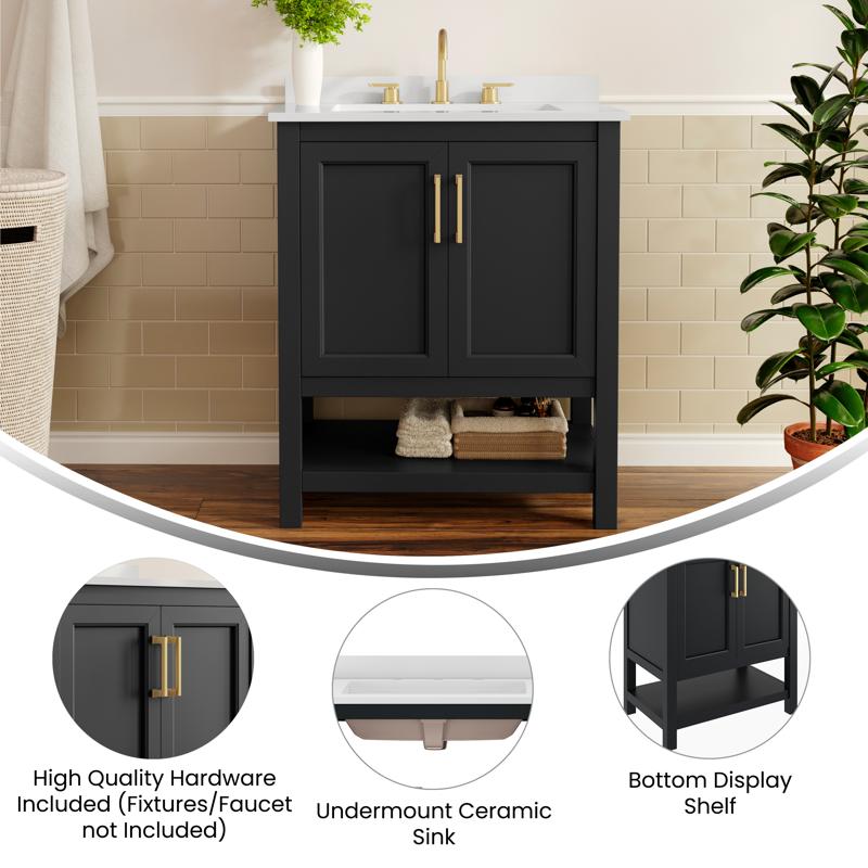 Flash Furniture Vega 30" Bathroom Vanity With Sink Storage Cabinet With Soft Close Doors & Open Shelf Carrara Marble Finish Counter & Gold Hardware Black/White