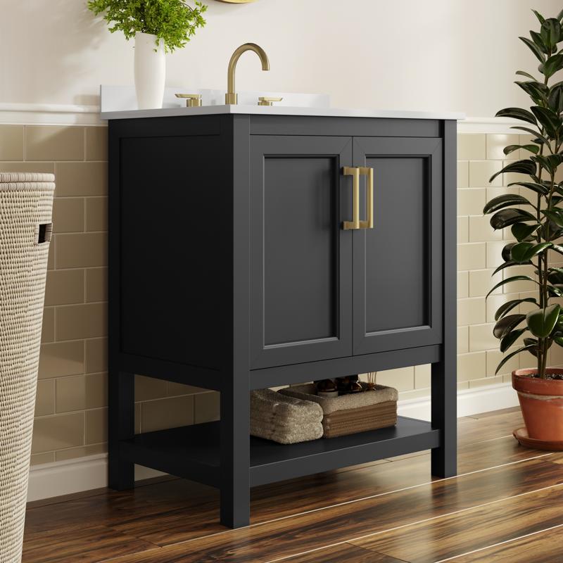 flash furniture Vega 30" Bathroom Vanity with Sink Storage Cabinet with Soft Close Doors & Open Shelf Carrara Marble Finish Counter & Gold Hardware Black/White