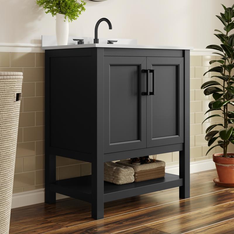 flash furniture Vega 30" Bathroom Vanity with Sink Storage Cabinet with Soft Close Doors & Open Shelf Carrara Marble Finish Counter & Black Hardware Black/White