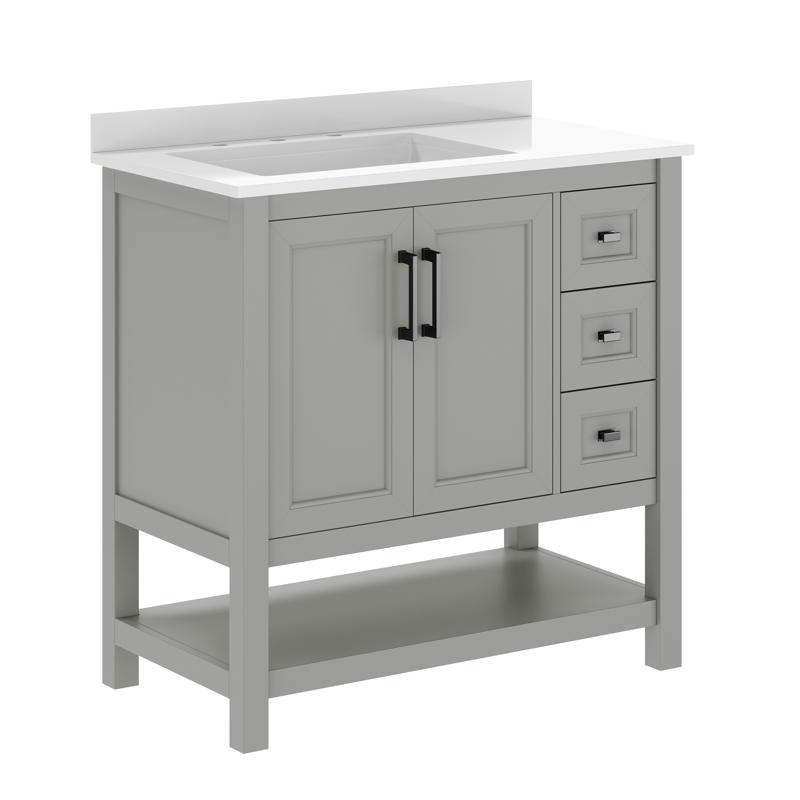 Flash Furniture Vega 36" Bathroom Vanity With Sink Cabinet With Black Hardware Soft Close Doors Open Shelf & 3 Drawers Carrara Marble Finish Counter Gray/White