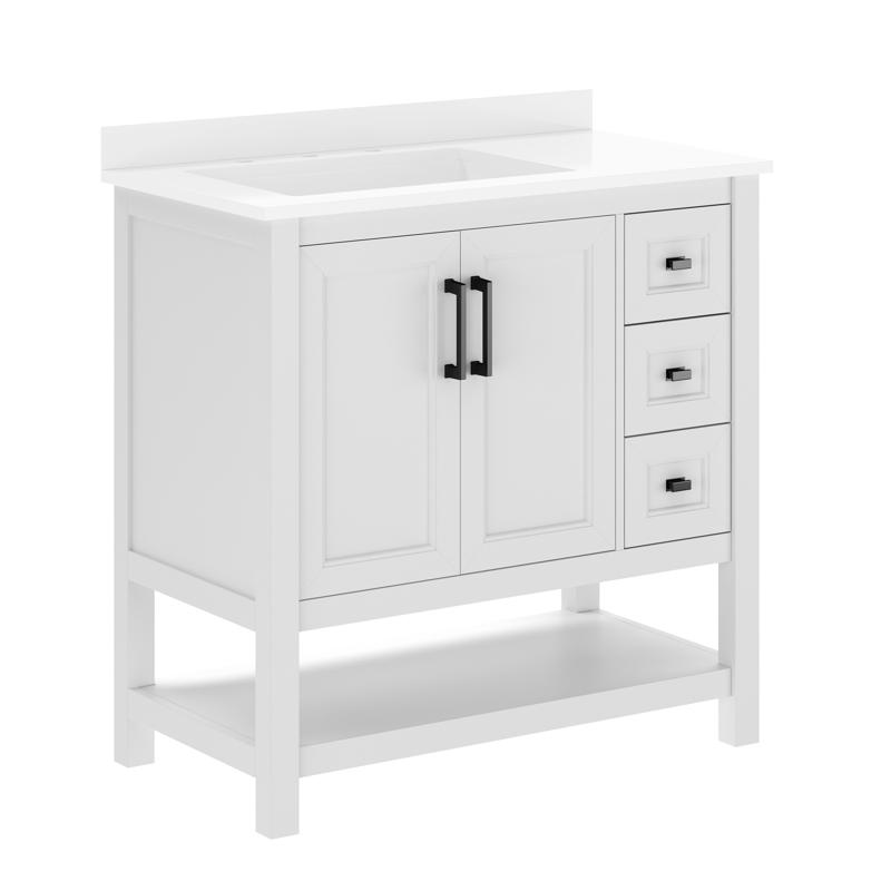 Flash Furniture Vega 36" Bathroom Vanity With Sink Cabinet With Black Hardware Soft Close Doors Open Shelf & 3 Drawers Carrara Marble Finish Counter White/White
