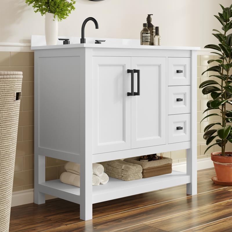 flash furniture Vega 36" Bathroom Vanity with Sink Cabinet with Black Hardware Soft Close Doors Open Shelf & 3 Drawers Carrara Marble Finish Counter White/White