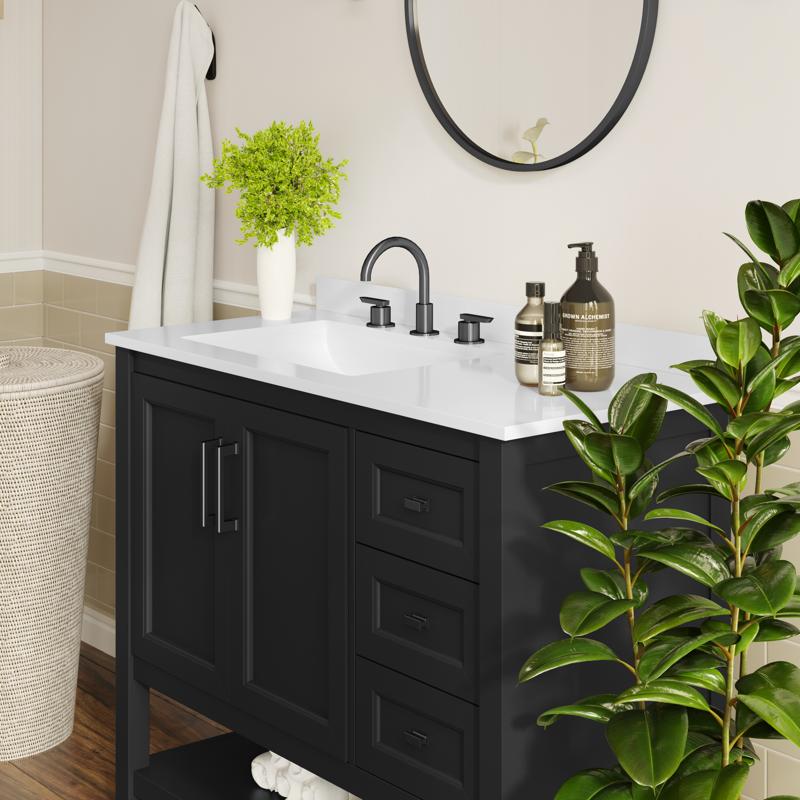 Flash Furniture Vega 36" Bathroom Vanity With Sink Cabinet With Black Hardware Soft Close Doors Open Shelf & 3 Drawers Carrara Marble Finish Counter Black/White