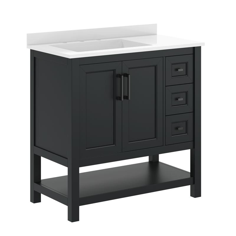 Flash Furniture Vega 36" Bathroom Vanity With Sink Cabinet With Black Hardware Soft Close Doors Open Shelf & 3 Drawers Carrara Marble Finish Counter Black/White