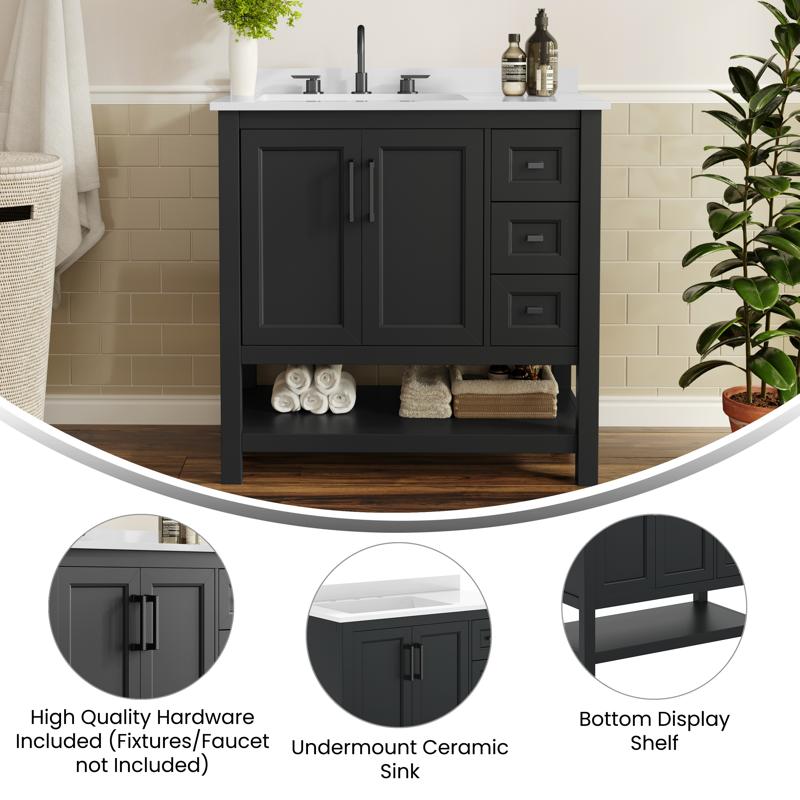 Flash Furniture Vega 36" Bathroom Vanity With Sink Cabinet With Black Hardware Soft Close Doors Open Shelf & 3 Drawers Carrara Marble Finish Counter Black/White