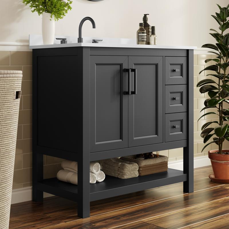 flash furniture Vega 36" Bathroom Vanity with Sink Cabinet with Black Hardware Soft Close Doors Open Shelf & 3 Drawers Carrara Marble Finish Counter Black/White