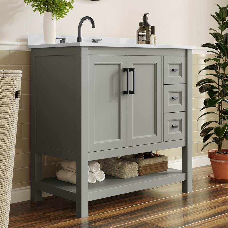 flash furniture Vega 36" Bathroom Vanity with Sink Cabinet with Black Hardware Soft Close Doors Open Shelf & 3 Drawers Carrara Marble Finish Counter Gray/White