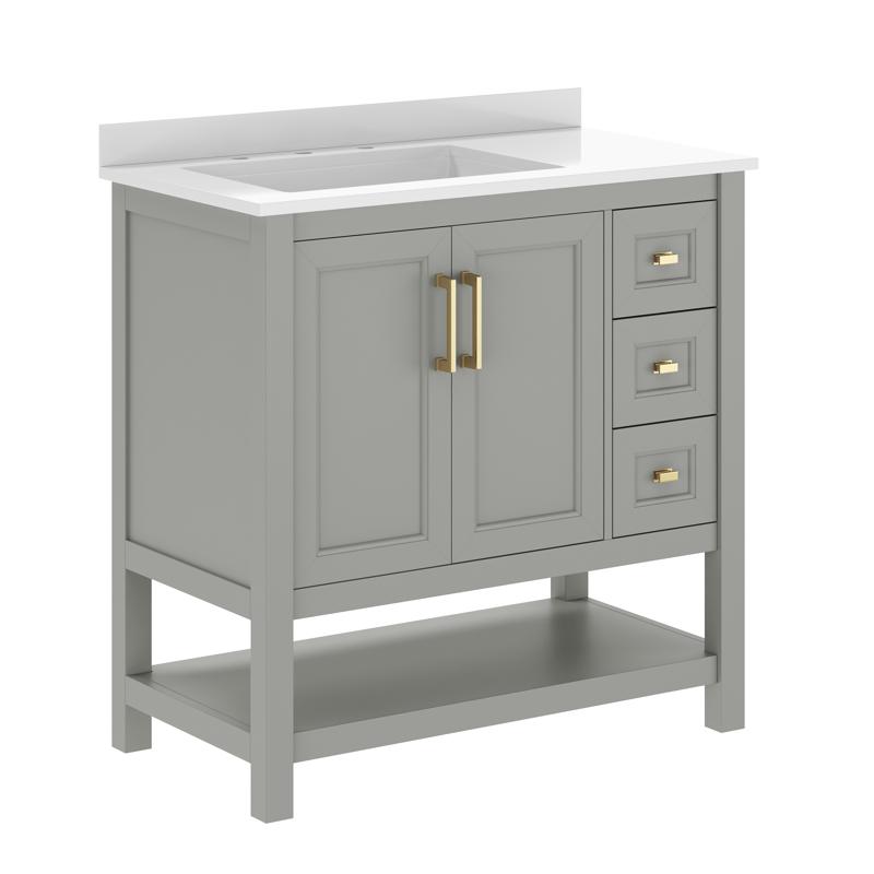 Flash Furniture Vega 36" Bathroom Vanity With Sink Cabinet With Gold Hardware Soft Close Doors Open Shelf & 3 Drawers Carrara Marble Finish Counter Gray/White