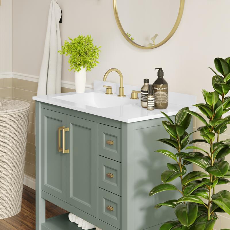 Flash Furniture Vega 36" Bathroom Vanity With Sink Cabinet With Gold Hardware Soft Close Doors Open Shelf & 3 Drawers Carrara Marble Finish Counter Sage/White