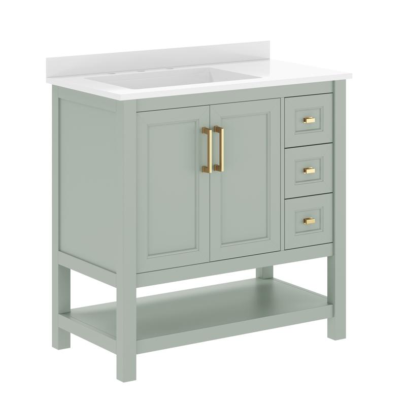 Flash Furniture Vega 36" Bathroom Vanity With Sink Cabinet With Gold Hardware Soft Close Doors Open Shelf & 3 Drawers Carrara Marble Finish Counter Sage/White