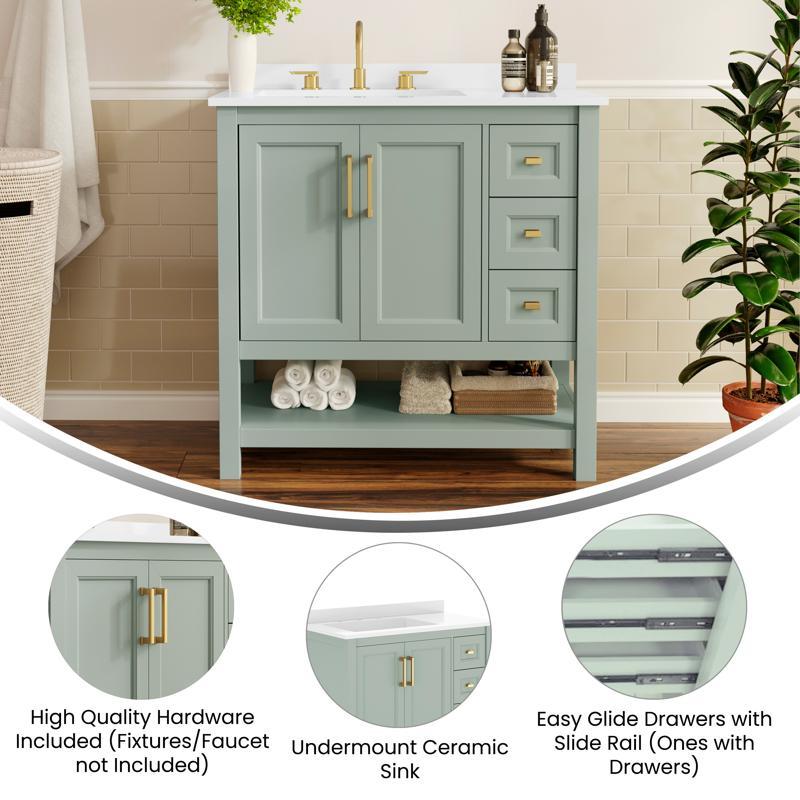 Flash Furniture Vega 36" Bathroom Vanity With Sink Cabinet With Gold Hardware Soft Close Doors Open Shelf & 3 Drawers Carrara Marble Finish Counter Sage/White