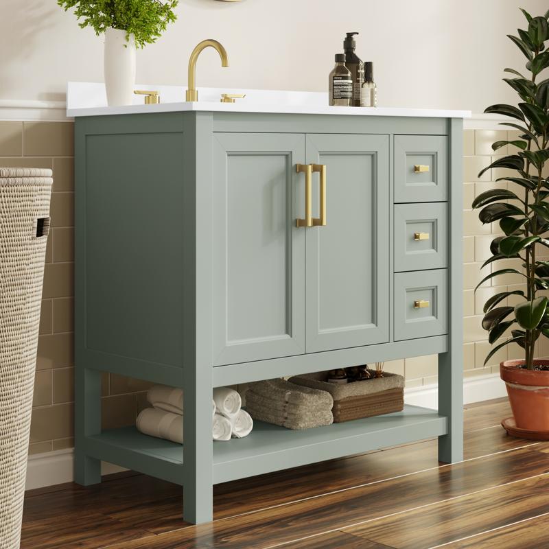 flash furniture Vega 36" Bathroom Vanity with Sink Cabinet with Gold Hardware Soft Close Doors Open Shelf & 3 Drawers Carrara Marble Finish Counter Sage/White