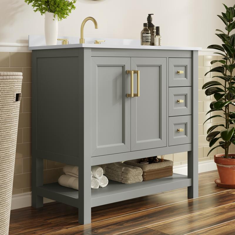 flash furniture Vega 36" Bathroom Vanity with Sink Cabinet with Gold Hardware Soft Close Doors Open Shelf & 3 Drawers Carrara Marble Finish Counter Gray/White