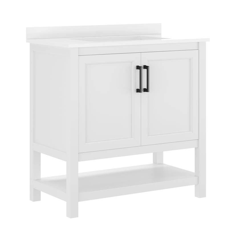 Flash Furniture Vega 36" Bathroom Vanity With Sink Storage Cabinet With Black Hardware Soft Close Doors & Open Shelf Carrara Marble Finish Countertop White/White