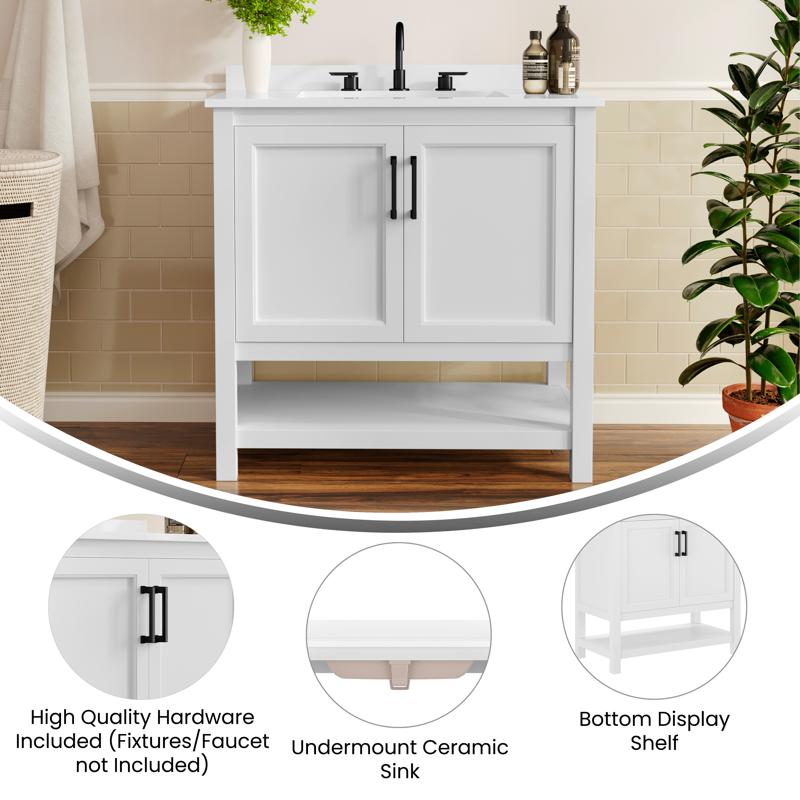 Flash Furniture Vega 36" Bathroom Vanity With Sink Storage Cabinet With Black Hardware Soft Close Doors & Open Shelf Carrara Marble Finish Countertop White/White