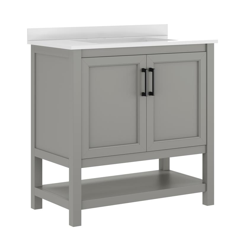 Flash Furniture Vega 36" Bathroom Vanity With Sink Storage Cabinet With Black Hardware Soft Close Doors & Open Shelf Carrara Marble Finish Countertop Gray/White