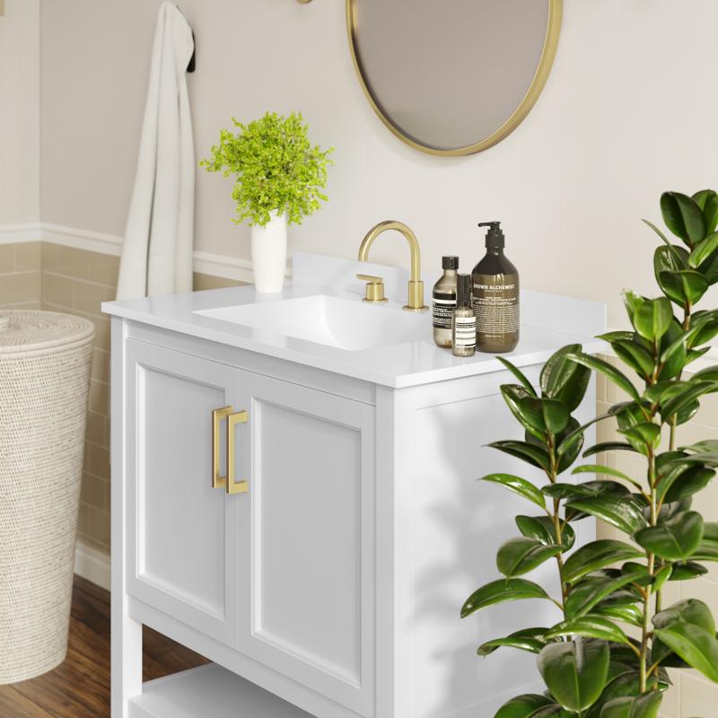 Flash Furniture Vega 36" Bathroom Vanity With Sink Storage Cabinet With Gold Hardware Soft Close Doors & Open Shelf Carrara Marble Finish Countertop White/White