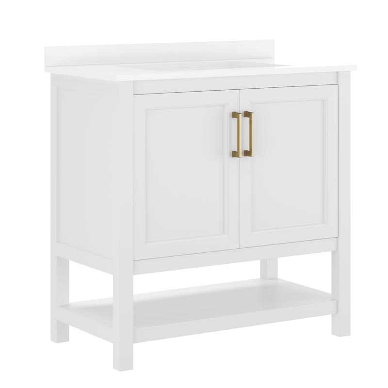 Flash Furniture Vega 36" Bathroom Vanity With Sink Storage Cabinet With Gold Hardware Soft Close Doors & Open Shelf Carrara Marble Finish Countertop White/White