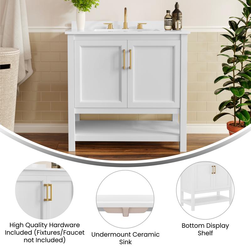 Flash Furniture Vega 36" Bathroom Vanity With Sink Storage Cabinet With Gold Hardware Soft Close Doors & Open Shelf Carrara Marble Finish Countertop White/White