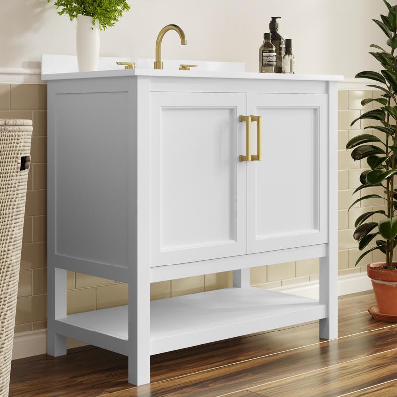 flash furniture Vega 36" Bathroom Vanity with Sink Storage Cabinet with Gold Hardware Soft Close Doors & Open Shelf Carrara Marble Finish Countertop White/White