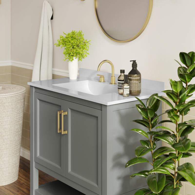 Flash Furniture Vega 36" Bathroom Vanity With Sink Storage Cabinet With Gold Hardware Soft Close Doors & Open Shelf Carrara Marble Finish Countertop Gray/White