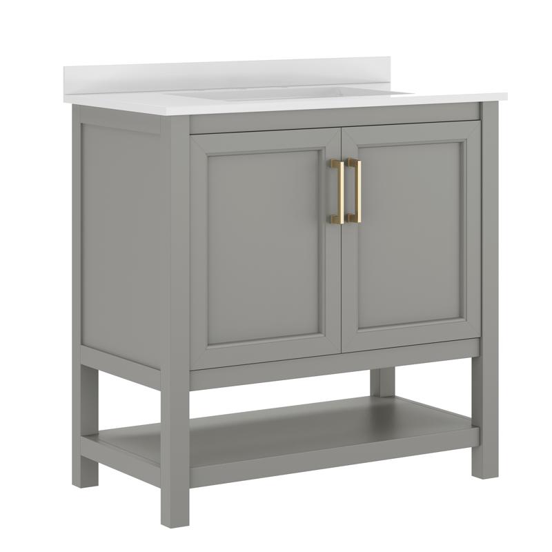 Flash Furniture Vega 36" Bathroom Vanity With Sink Storage Cabinet With Gold Hardware Soft Close Doors & Open Shelf Carrara Marble Finish Countertop Gray/White